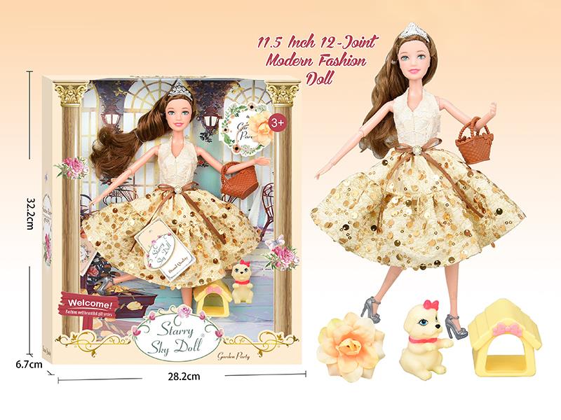 11.5 Inch 12-Joint Modern Fashion Doll With Hair Tie, Crown, Dog, Pet House, Handbag, Wish Card