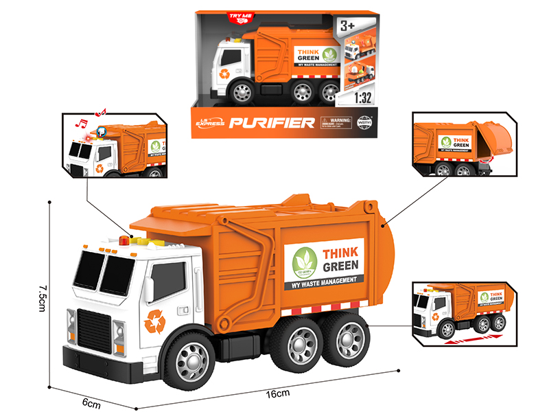 1:32 Friction Garbage Truck(Orange)(Sound & Lights)