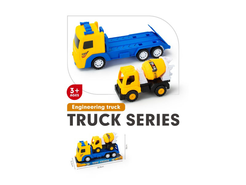 Solid-Color Inertial Flatbed Trailer Carrying Sliding Mixer Truck