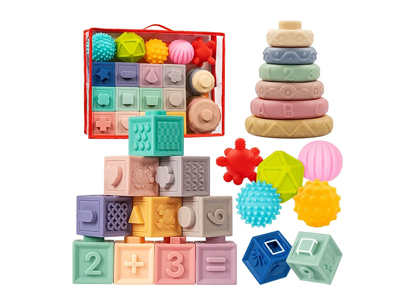 Soft Plastic Stacked Rings & Building Blocks & Rubdown Ball Toy Set