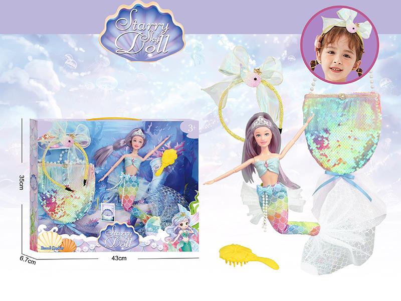 11.5 Inch 11-Joints Mermaid Princess Doll With Hair Hoop, Children's Mermaid Bag, Comb