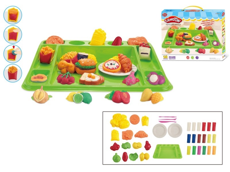 Hamburger, bread, pizza, fruit with square plate