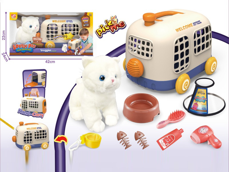 Pet Bus Cage+Plush Cat Pure White English Short Cat+Bb Whistle+Care Package+Bus Traction Rope+Elizabeth