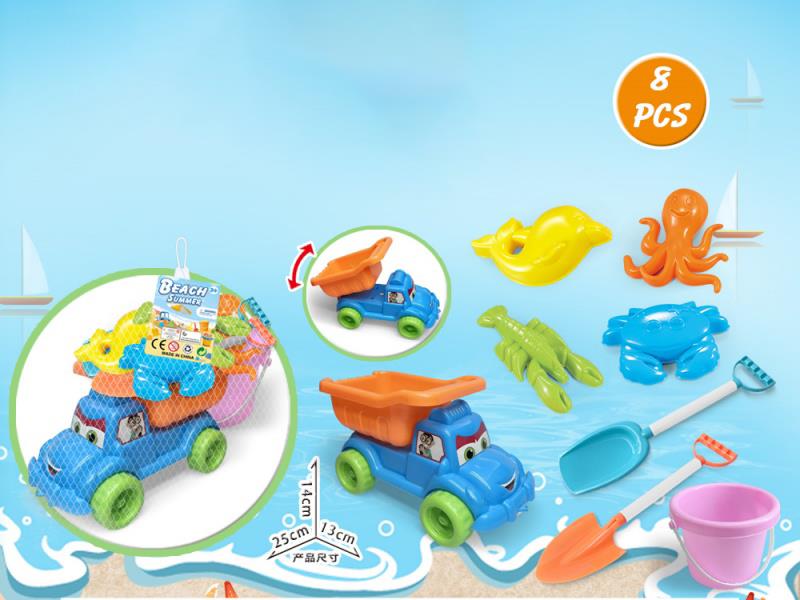 A Large Truck With Beach Accessories And Buckets (8 Pieces)