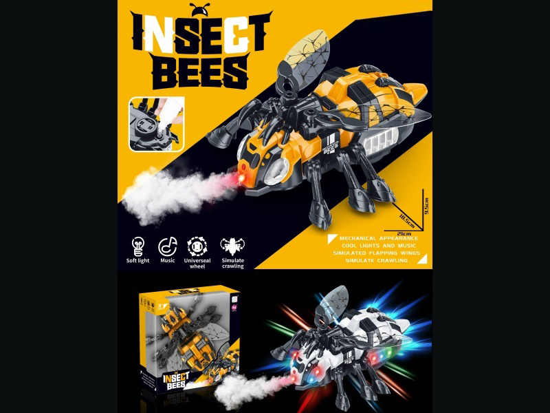 Electric Mechanical Omnidirectional Bee, With Lights And Music, Wing Swinging, Limb Swinging, Omnidirectional Walking, With A Spray Water Bottle (Two-Color Mixed Packaging) (Spray Type).