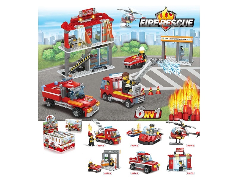 Six-In-One Fire Protection Series Building Blocks, Small Lego-Style Assembly Building Blocks