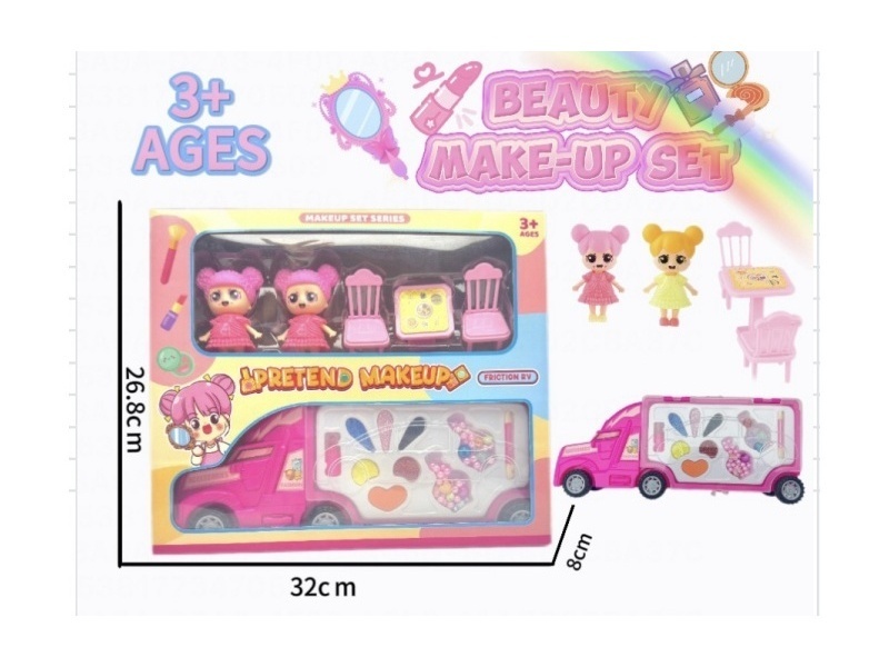 Children's inertial RV makeup, accessories, toys, 2 3-inch dolls + tables and chairs