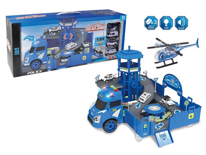 Deformable Container Truck Alloy Police Parking Lot Set With Light And Music