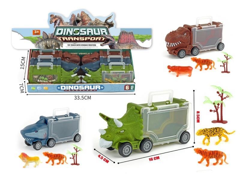 The Small Sliding Triangle + Tyrannosaurus Rex + Shark Storage Vehicle Is Randomly Equipped With 12 Animals And 6 Trees