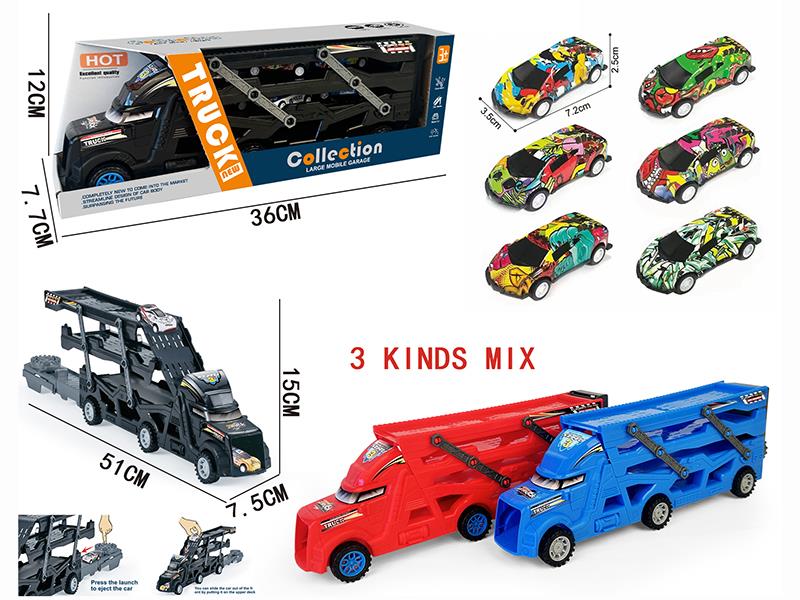 Three-Decker Folding Ejection Container Truck + 3PCS 7.2CM Pull Back Graffiti Iron Cars