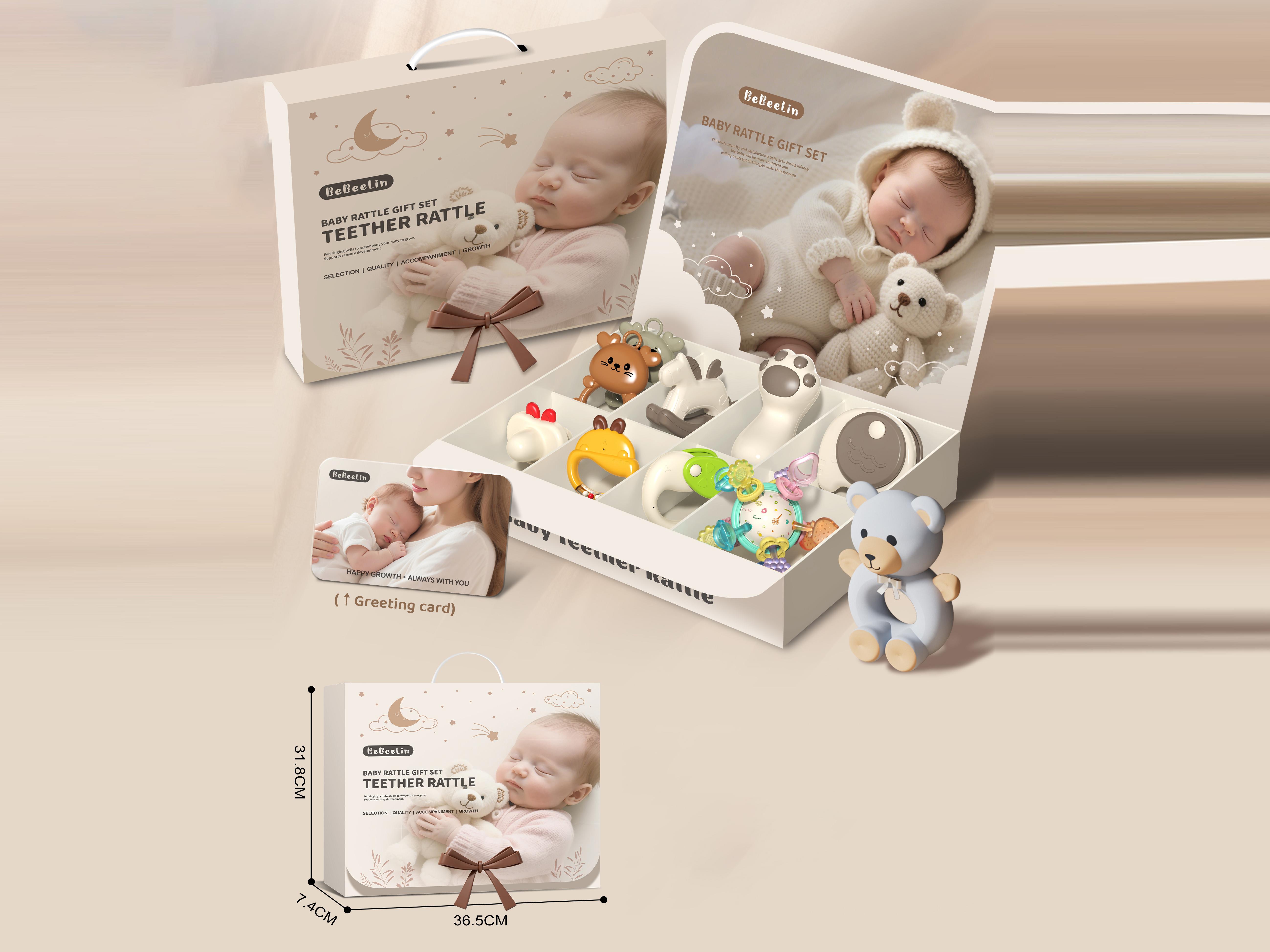 Baby Comfort Rattle Toy Gift Box Set + Manhattan Ball + Fabric Rattle *1 (10Pcs) With A Greeting Card