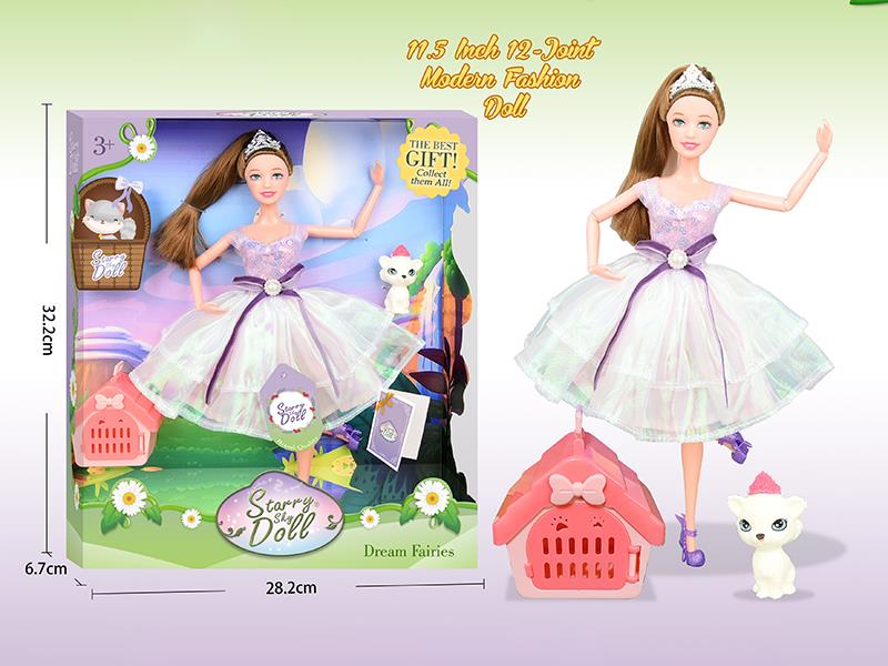 11.5 Inch 12-Joint Modern Fashion Doll With Crown, Pet Cat, Pet Cage, Wish Card