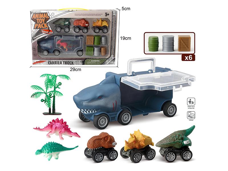 Shark Slide Storage Container Truck + 3 Pull Back Dinosaur Cars + 2 Dinosaurs + 1 Tree + 6 Accessories