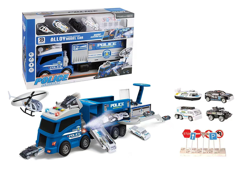 Friction Police Storage Container Truck With Alloy Cars(Spray, Lights And Music)