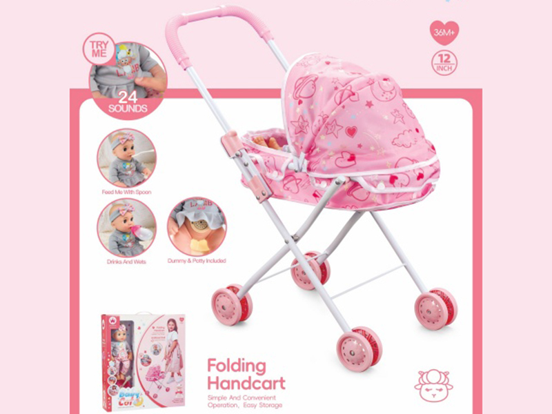 Baby Stroller + 12-Inch Head, Hands And Feet, Rubber Body Blowing Strap Ic, 24-Sound Drinking And Urinating Doll