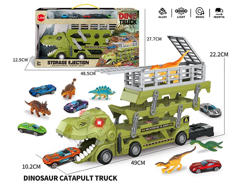 Friction Folding Catapul Dinosaur Truck With Sound And Light + 6 Slide Alloy Cars