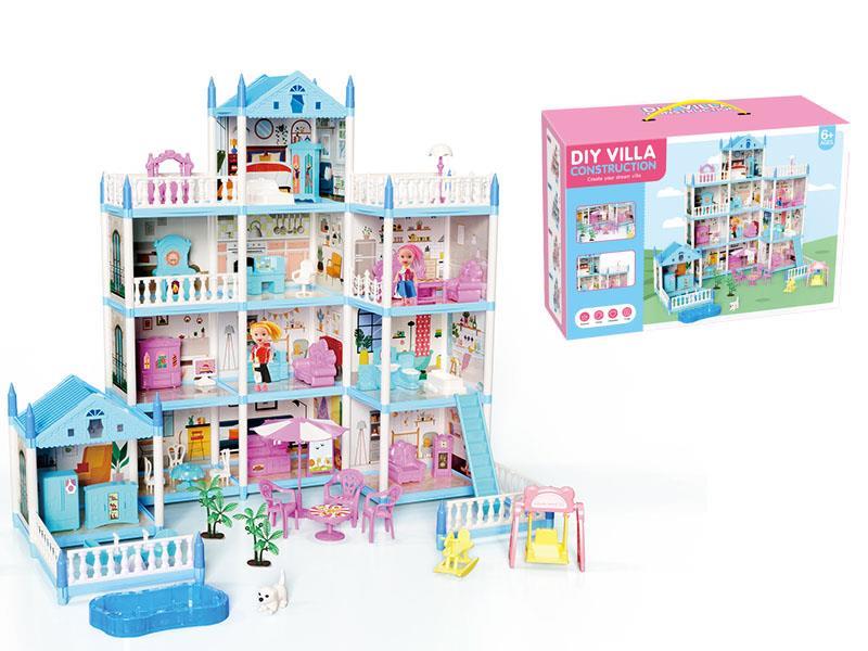 DIY Luxurious Four-Storey Villa With Lights(Blue) + 2 Dolls (11 Rooms)