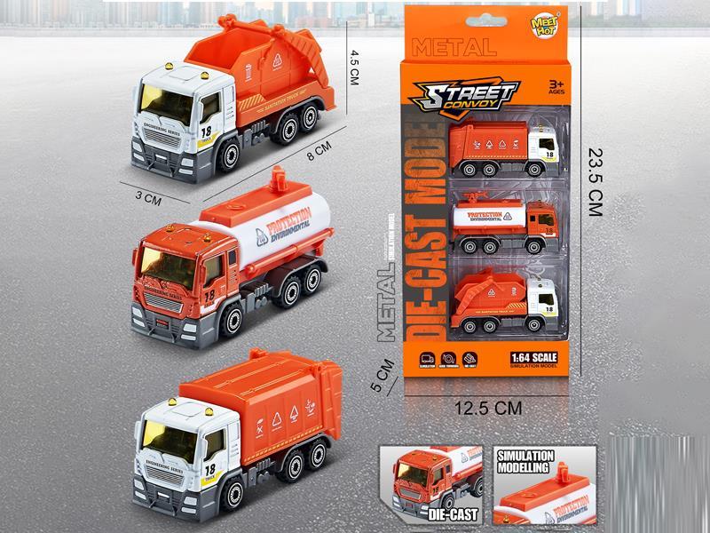 3PCS 1:64 Slide Alloy Sanitation Vehicle