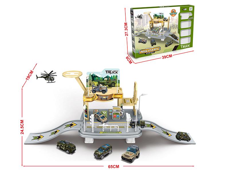 Military Series Track Parking Lot With 1 Helicopter And 3 Alloy Cars