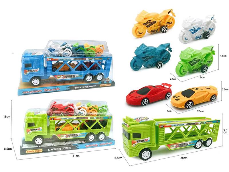 Friction Truck With 4 Motorcycles, 2 Racing Cars