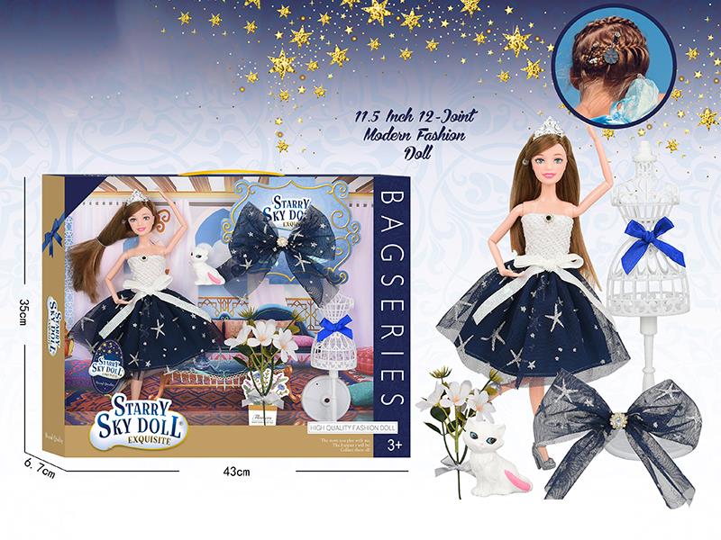 11.5 Inch 12-Joint Doll With Mannequin Hanger, Bouquet, Bow Hair Clip,  Cat, Crown