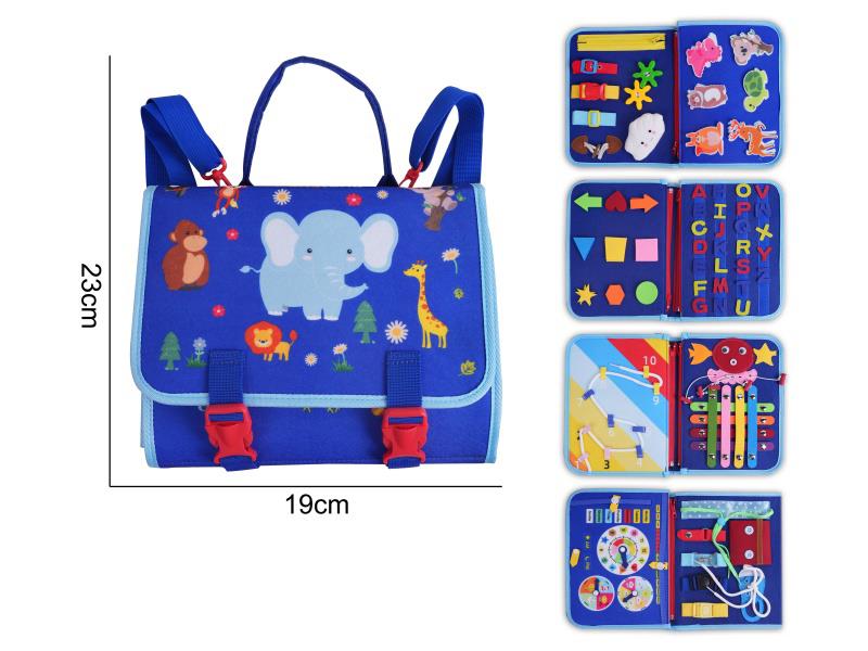 Montessori Early Childhood Education And Intelligence Development - Blue 5-Page Felt Backpack - Busy Wildlife Edition