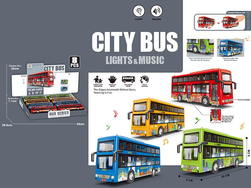 Friction Double-Decker City Buses With Sound And Lights 8pcs/Box