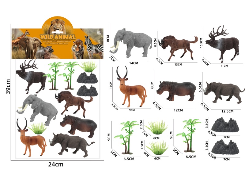 Elephant, Wildebeest, Reindeer, Antelope, Hippopotamus And Rhinoceros Simulation Wild Animal Scene Series Set 7
