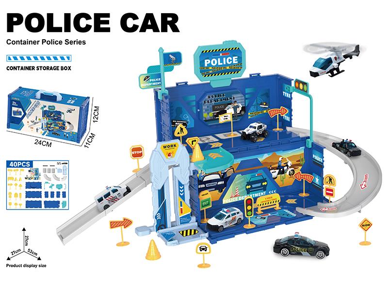 Container Storage Box Police Parking Lot(With 1 Alloy Car, Guidepost)40PCS