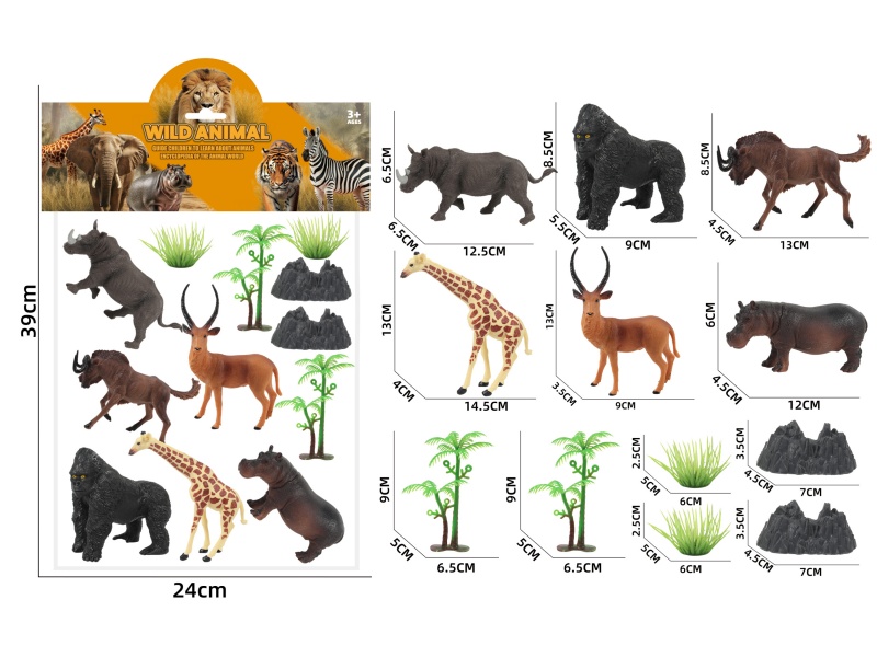 Rhino, Chimpanzee, Wildebeest, Giraffe, Antelope And Hippopotamus Simulation Wild Animal Scene Series Set 2