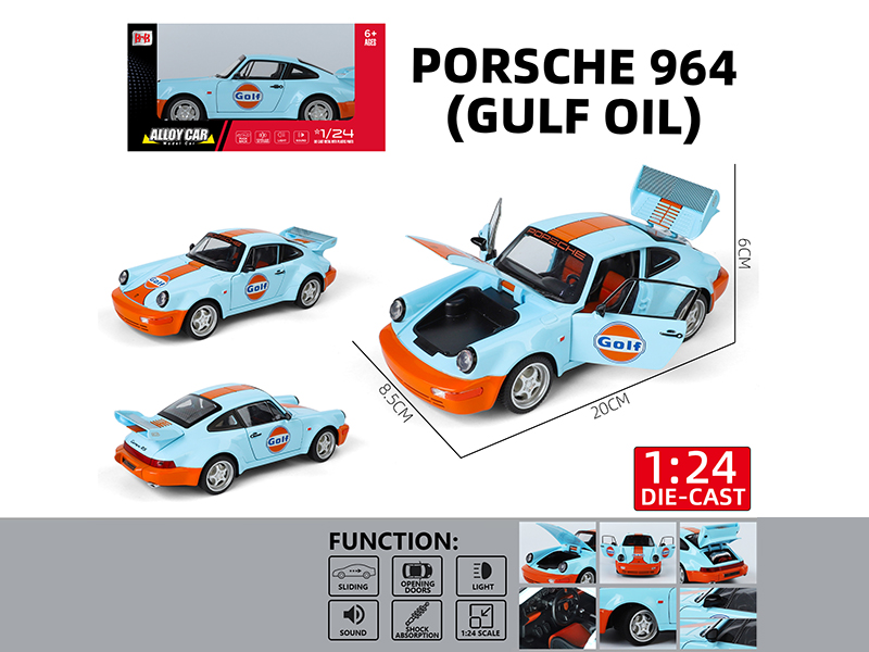1:24 Porsche 964 Gulf Oil Edition Pull Back Alloy Car Model(4 Doors Can Opening, Sound And Lights)