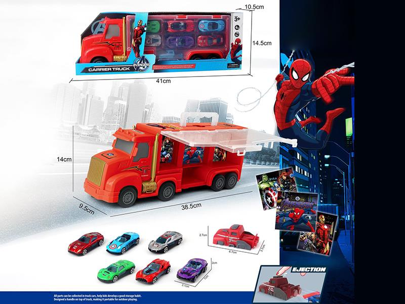 Friction Spider-Man Storage Carrier Truck + 6 Slide Alloy Cars + Launcher