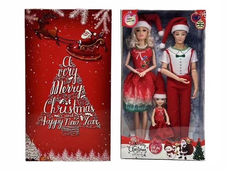 11.5" Solid 12-Jointed Christmas Doll + 11.5" Solid 12-Jointed Man Doll + Small Girl Doll