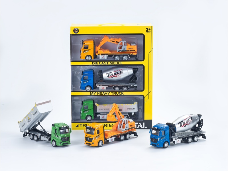 1:32 Mixed-Color Rebound Alloy Engineering Vehicle, 3 Pieces/Portable Window Opening Box