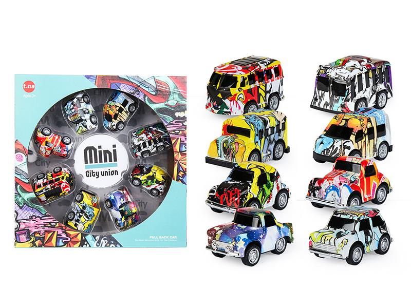 Alloy Pull Back Q Version Graffiti Mini City Car 8pcs