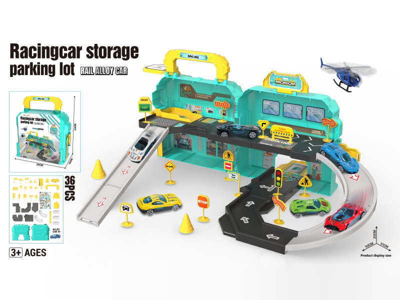 Racingcar Storage Parking Lot Rail Alloy Car(With 1 Alloy Car, Road Signs)36PCS