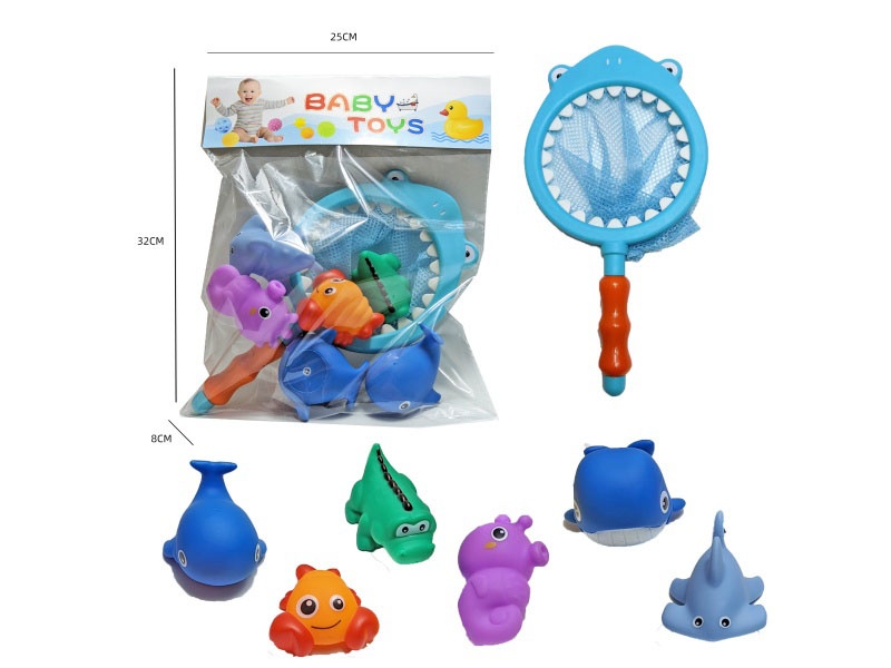 Shark Fishing Net + Soft Rubber Ocean Set (7-Piece Set) Cross-Border Bathroom Fish Fishing Toys, Bathing Toys, Fish Fishing And Bathing Toys, Water Play Children'S Rubber Animal Toys