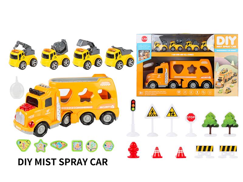 Cartoon Mist Spray Music Container Car With Friction Engineering Truck Series