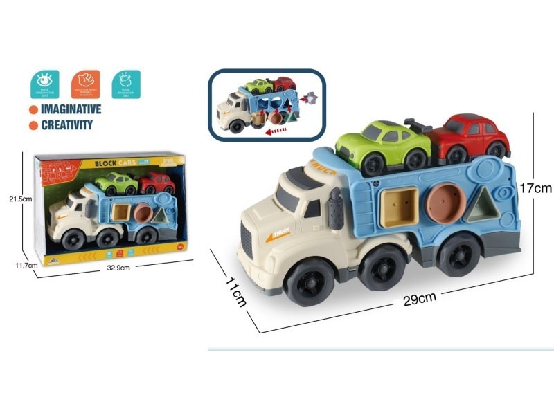 Lighting And Sound - Sliding Cartoon Transport Tractor (4 Geometric Grain-Shaped Blocks) - Paired With 2 Small Cars