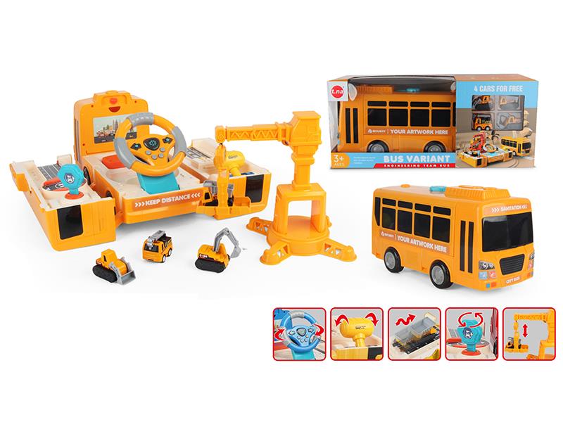 Simulation Driving Deformation Bus(With Sound And Light,Story) + Tower Crane + 4 Pull Back Alloy Engineering Trucks