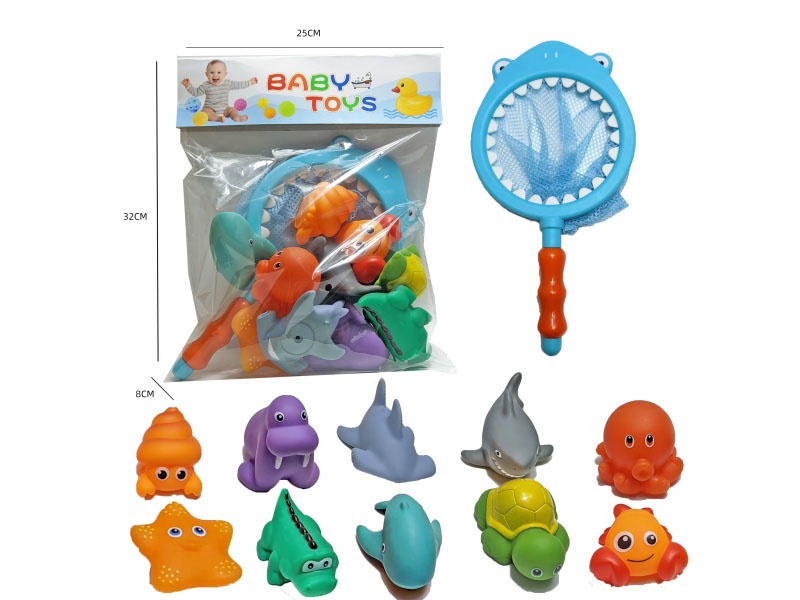 Shark Fishing Net + Soft Rubber Double-Color-Changing Ocean Set (11-Piece Set) Cross-Border Bathroom Fish Fishing Toys, Bathing Toys, Fish Fishing And Bathing Toys, Water Play Children'S Rubber Animal