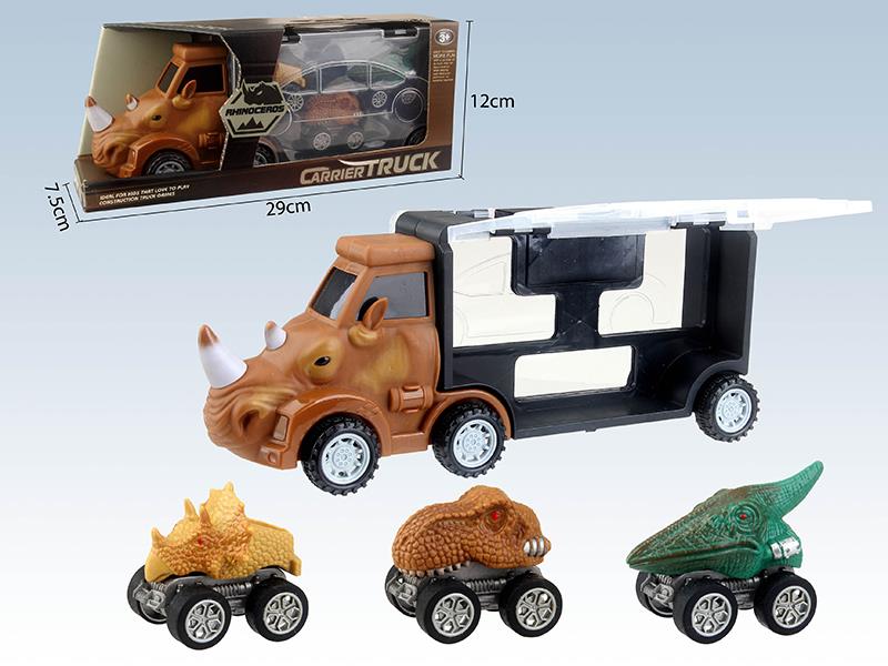 Rhino Slide Storage Car + 3 Dinosaurs Pull Back Cars