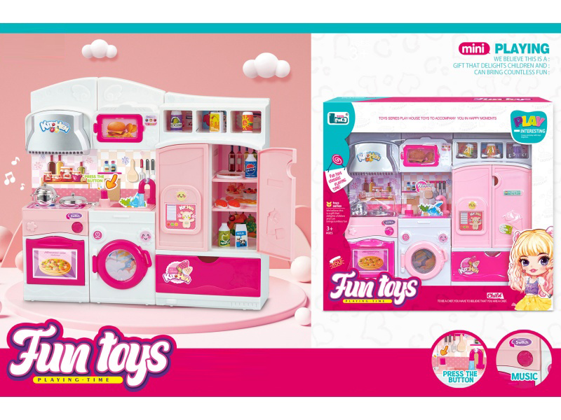 Cartoon Cabinet Stove + Faucet + Refrigerator