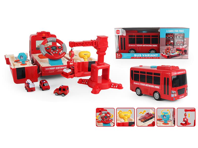 Simulation Driving Deformation Bus(With Sound And Light,Story) + Tower Crane + 4 Pull Back Alloy Fire Engine