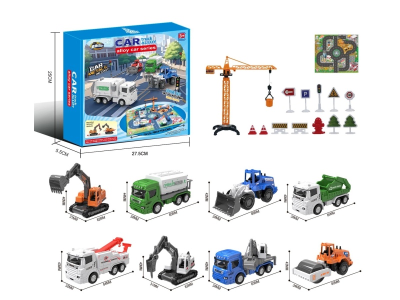 1:64 City Alloy Car Set B/8 Model (Crane Tower/Road Sign/Map)