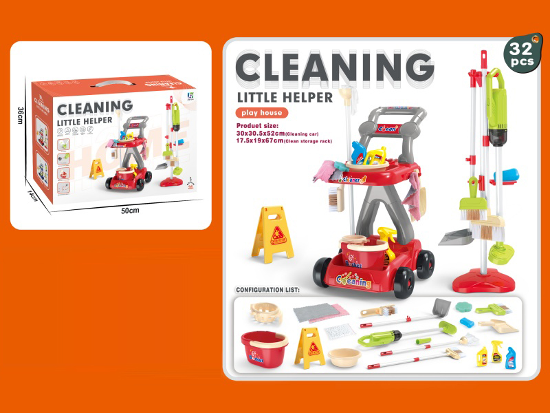 Cleaning Trolley Set 32Pcs (With Vacuum Cleaner, 3 Aa Capsules Not Included In Battery) Red