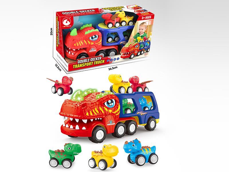 Friction Dinosaur Double-Deck Truck With 4 Pull Back Dinosaur Cars(Lights And Music)