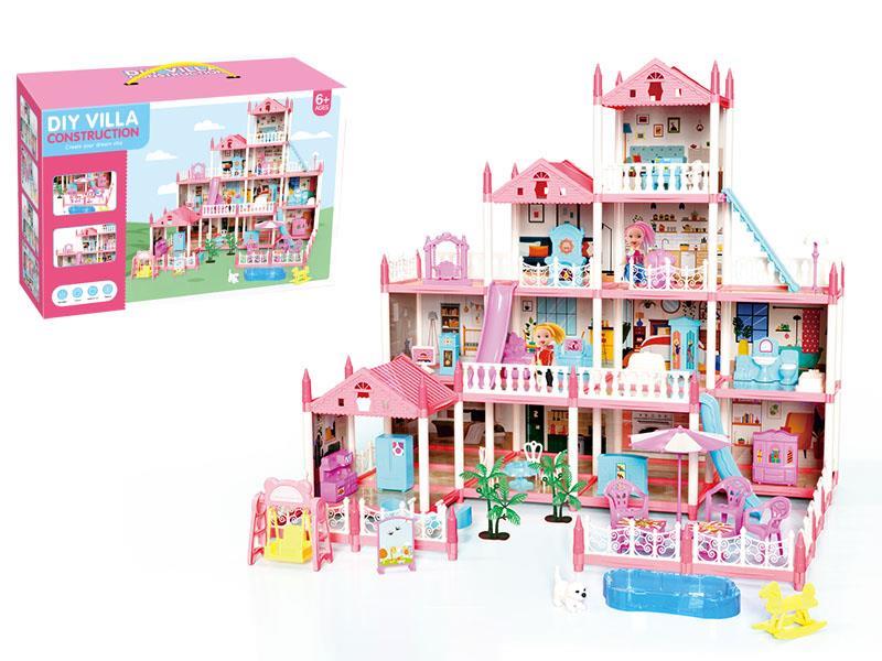 DIY Luxurious Four-Storey Villa With Lights(Pink) + 2 Dolls (14 Rooms)
