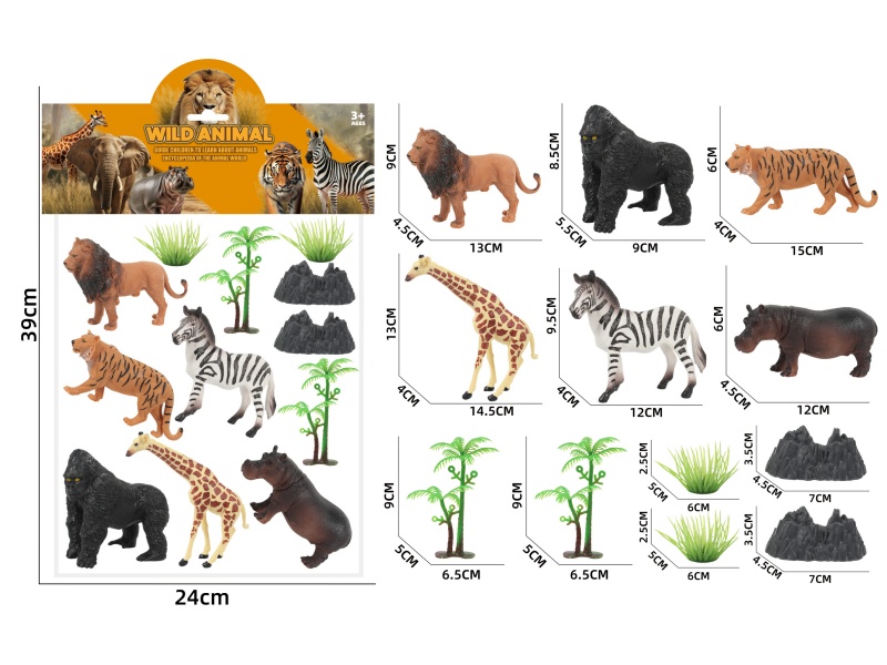 Lion, Chimpanzee, Tiger, Giraffe, Zebra And Hippopotamus Simulation Wild Animal Scene Series Set 3