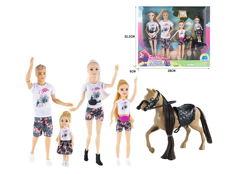 Family Of 4 Dolls With Plastic Horse,Fanny Pack